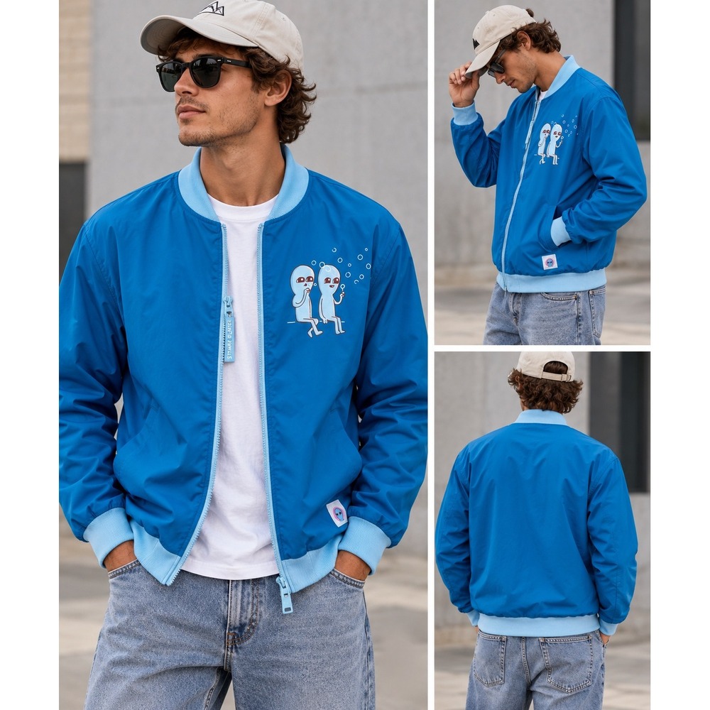 Strange Planet Bomber Jacket Mens XL Blue Nathan W Pyle Alien Graphic Streetwear